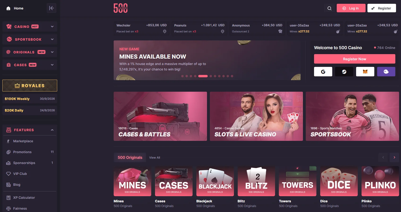 500 Casino desktop interface with casino titles, payment balances and account features
