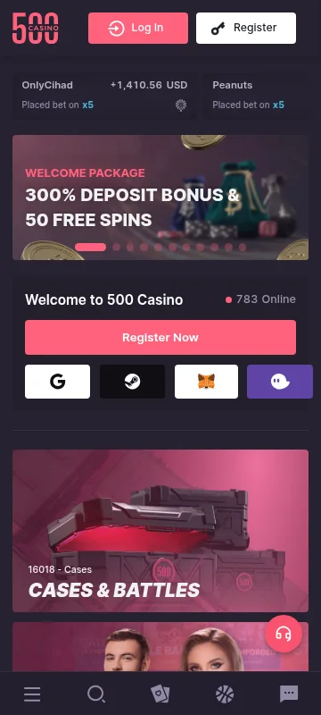 500 Casino mobile interface with casino, sportsbook, originals and loyalty features